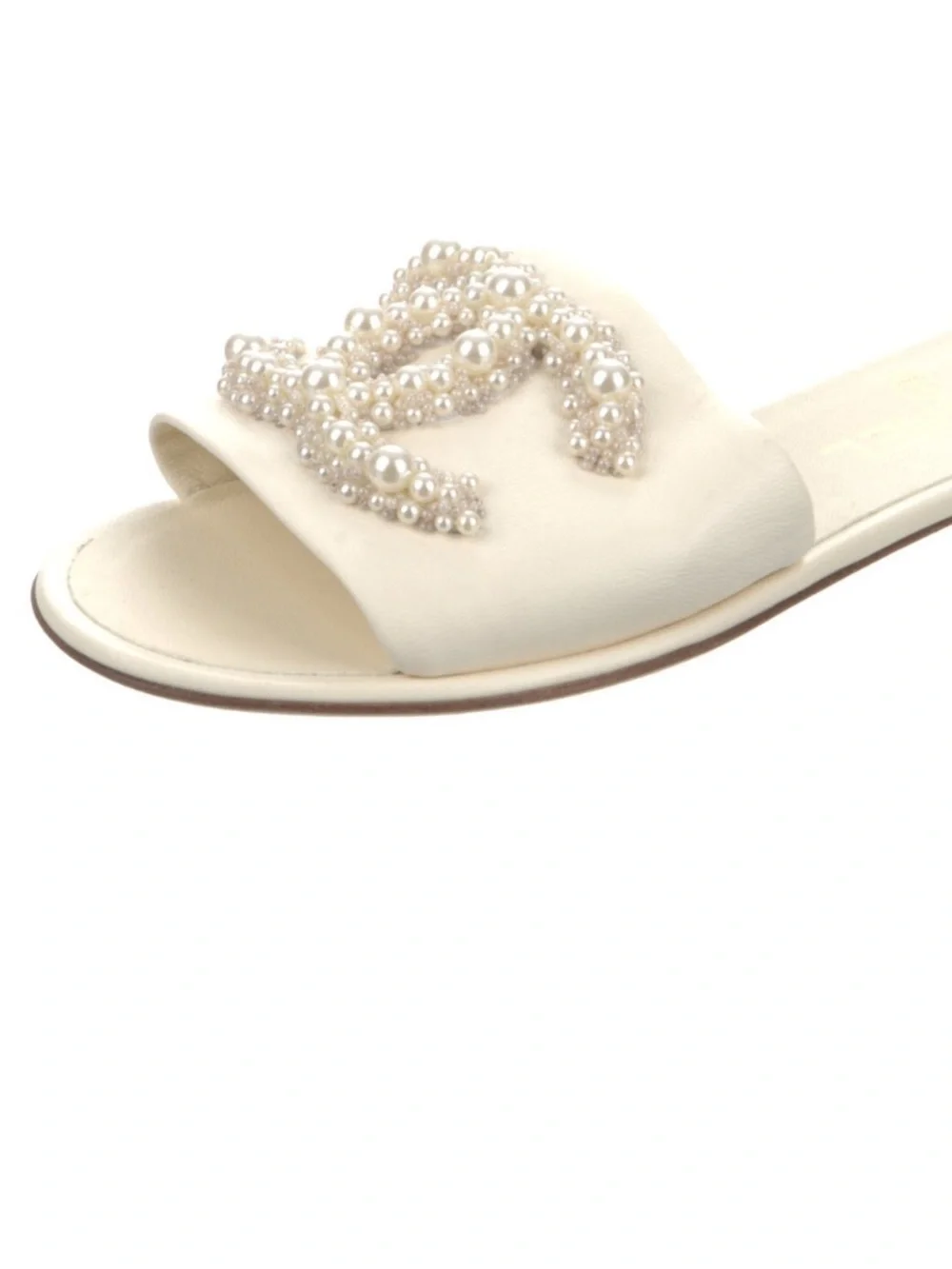 Chanel White Pearl Slide Lambskin Sandals Size 5